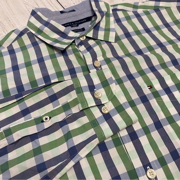 Tommy Hilfiger Men's Green and Blue Plaid Shirt classic fit Medium - Picture 9 of 11